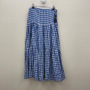 Lauren Ralph Lauren Blue White Gingham Plaid Linen Tiered Maxi Skirt Women 6 NEW